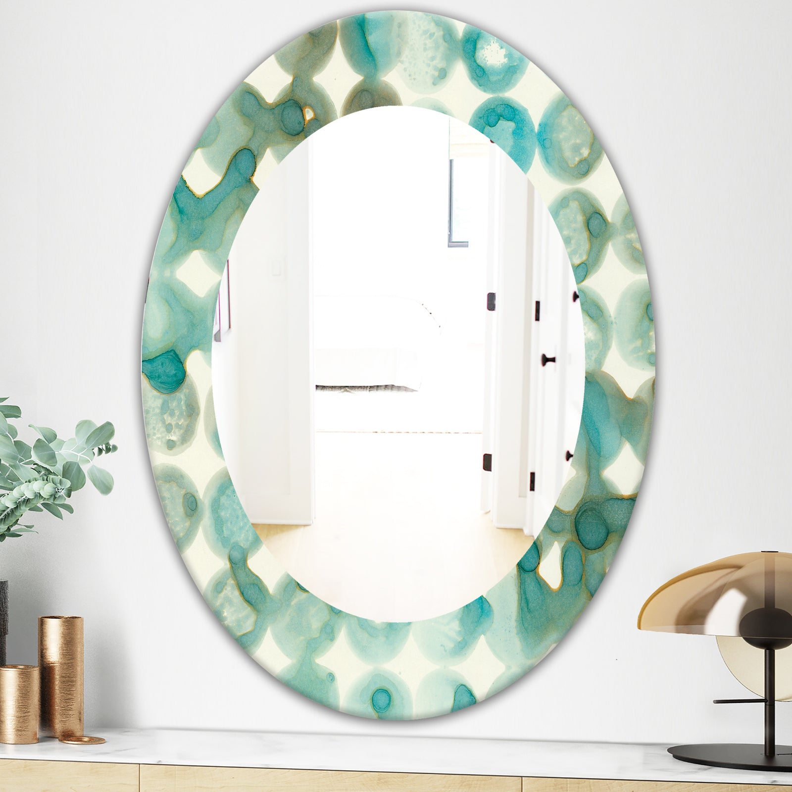 Turquoise Watercolor Geometrical I - Mid-Century Mirror - Oval or Round Wall Mirror