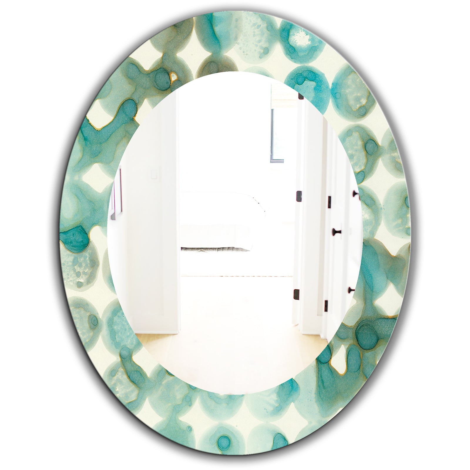 Turquoise Watercolor Geometrical I - Mid-Century Mirror - Oval or Round Wall Mirror