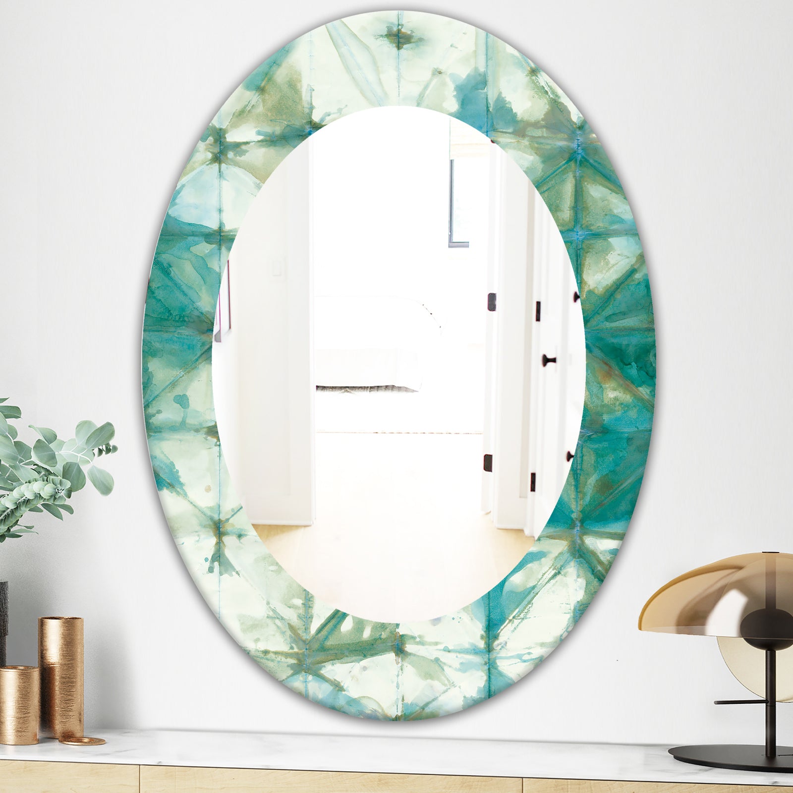 Turquoise Watercolor Geometrical III - Mid-Century Mirror - Oval or Round Wall Mirror