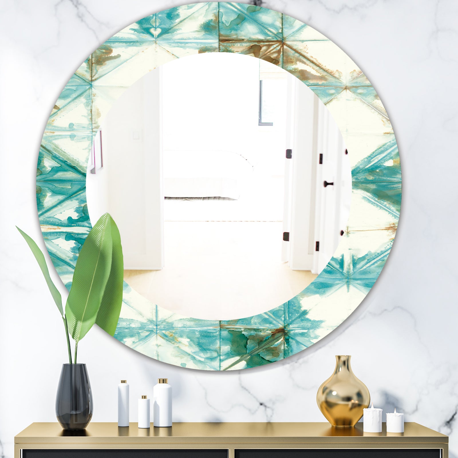 Turquoise Watercolor Geometrical IV - Mid-Century Mirror - Oval or Round Wall Mirror