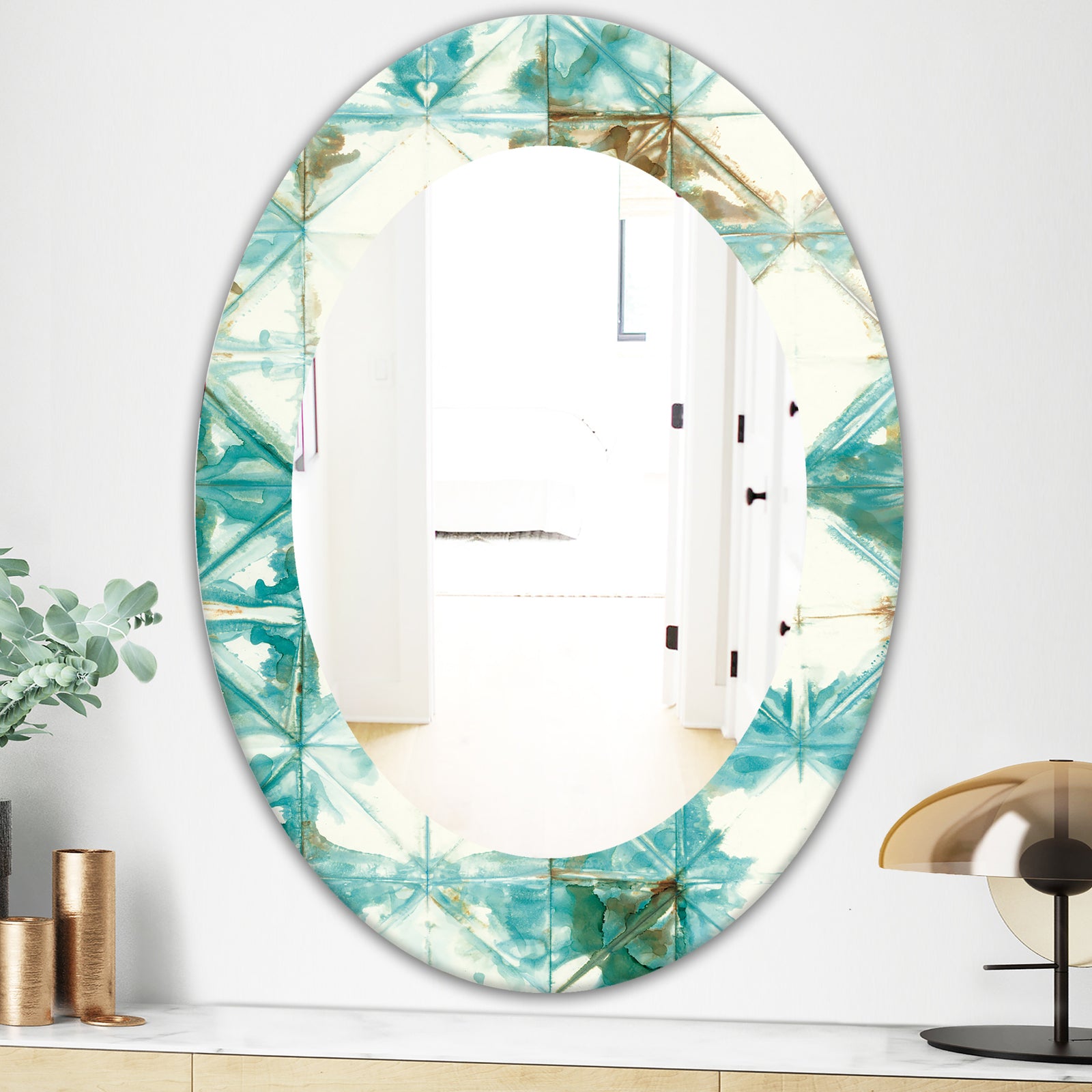 Turquoise Watercolor Geometrical IV - Mid-Century Mirror - Oval or Round Wall Mirror