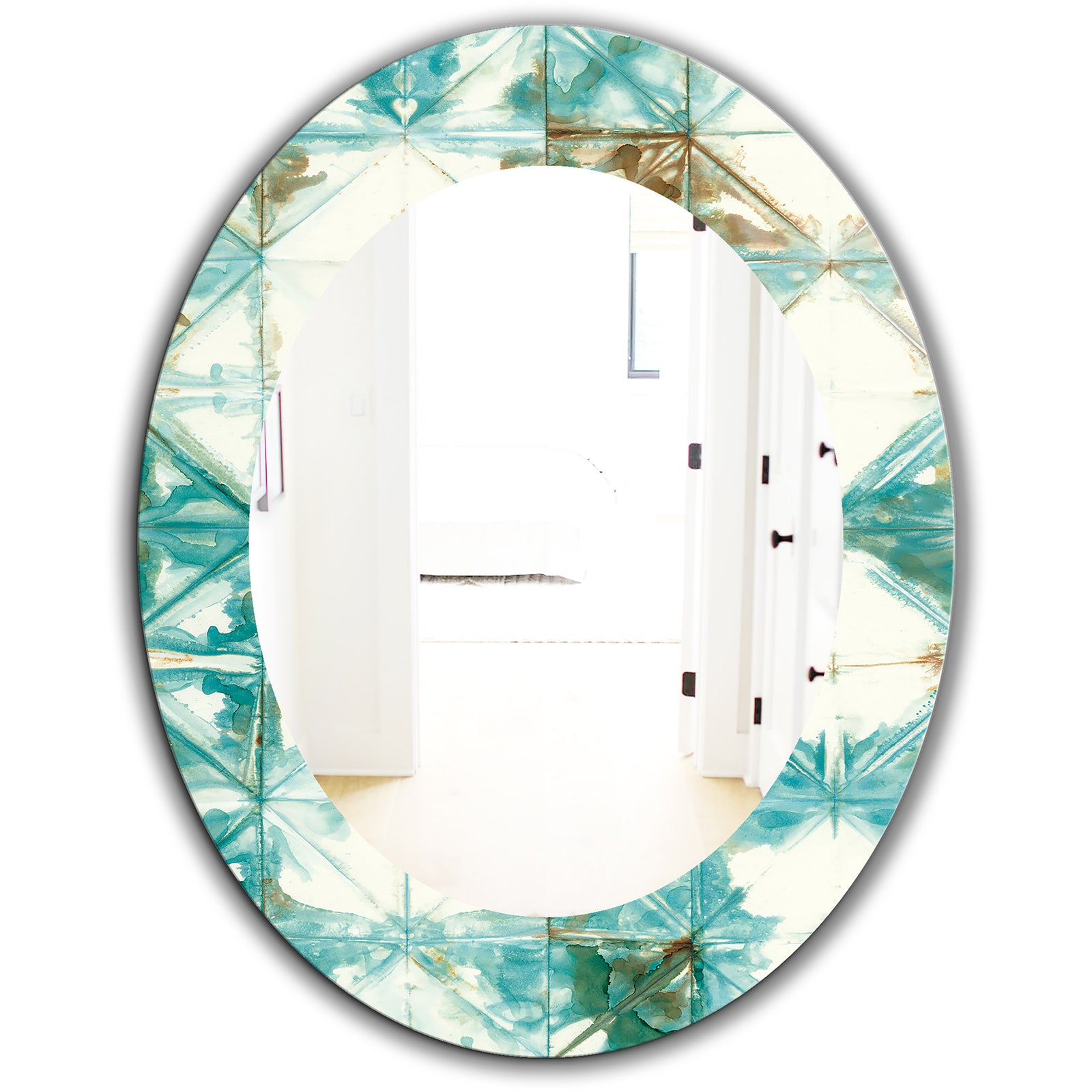 Turquoise Watercolor Geometrical IV - Mid-Century Mirror - Oval or Round Wall Mirror