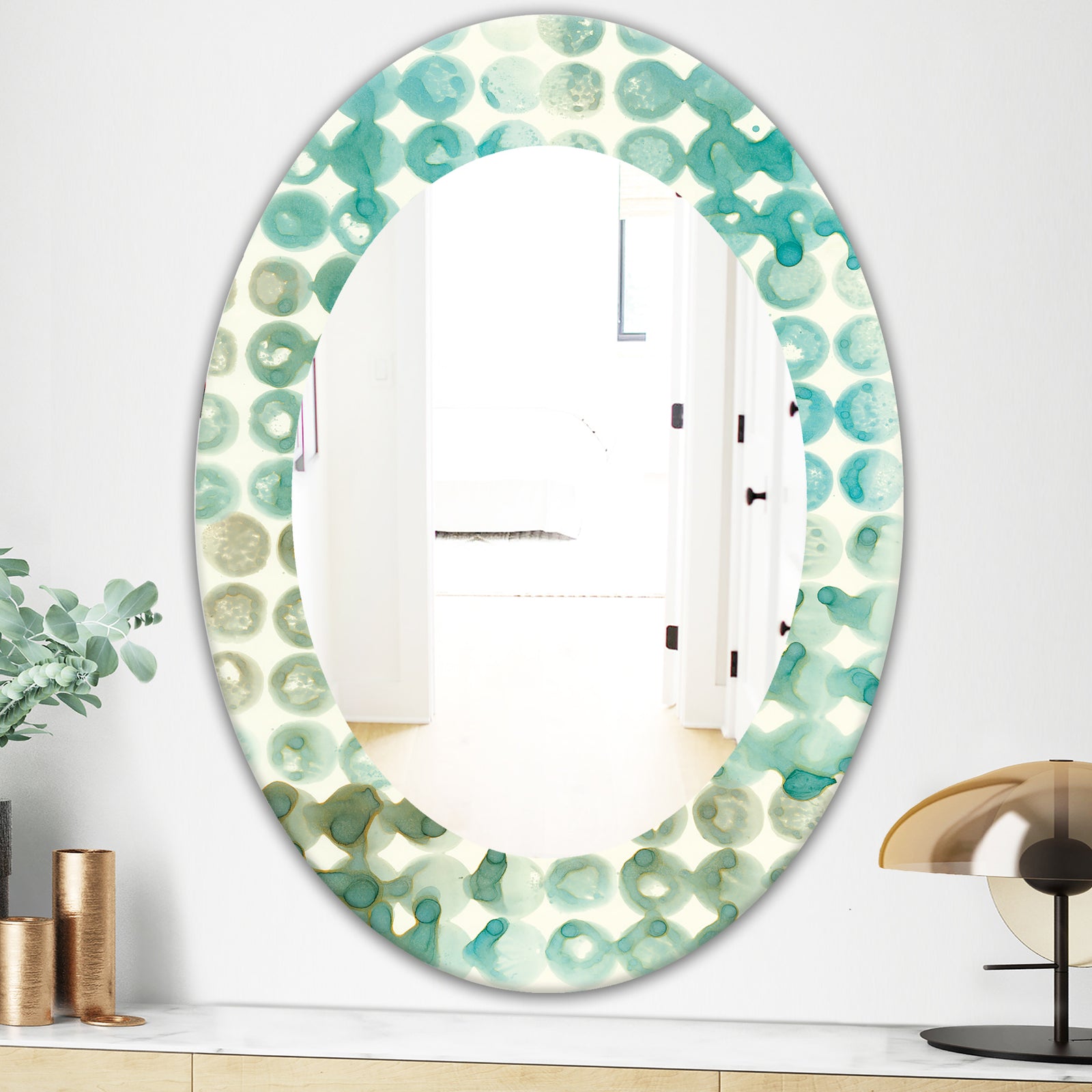 Turquoise Watercolor Geometrical V - Mid-Century Mirror - Oval or Round Wall Mirror