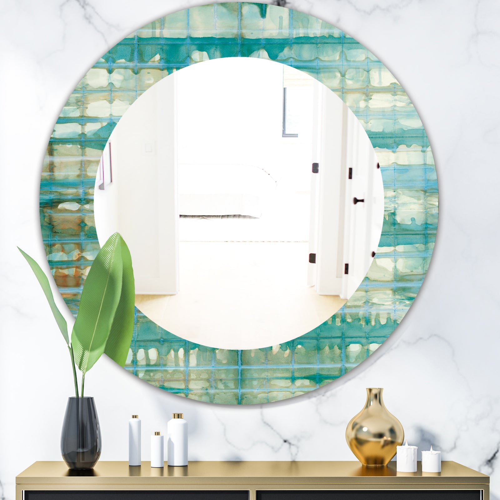 Turquoise Watercolor Geometrical VIII - Mid-Century Mirror - Oval or Round Wall Mirror