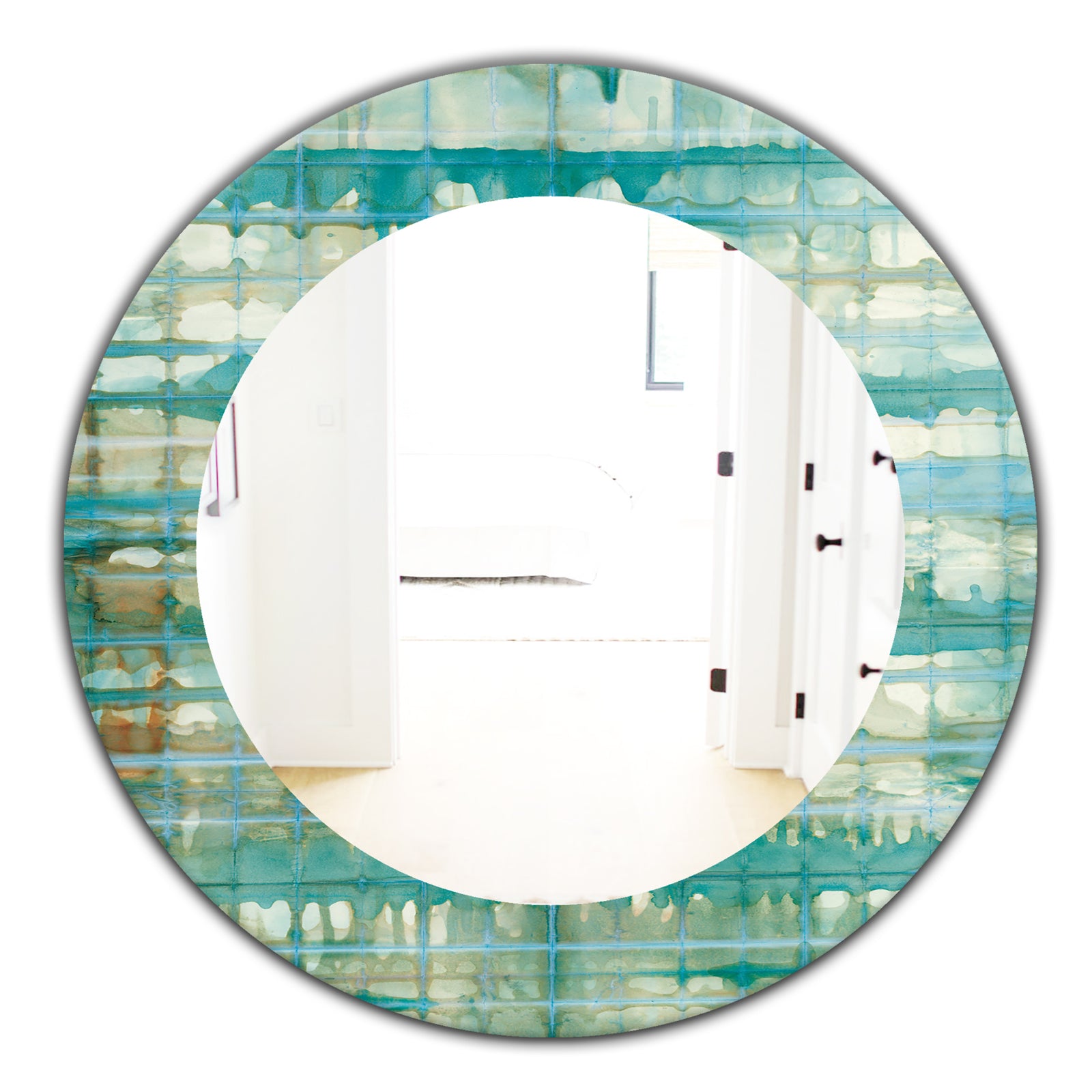 Turquoise Watercolor Geometrical VIII - Mid-Century Mirror - Oval or Round Wall Mirror