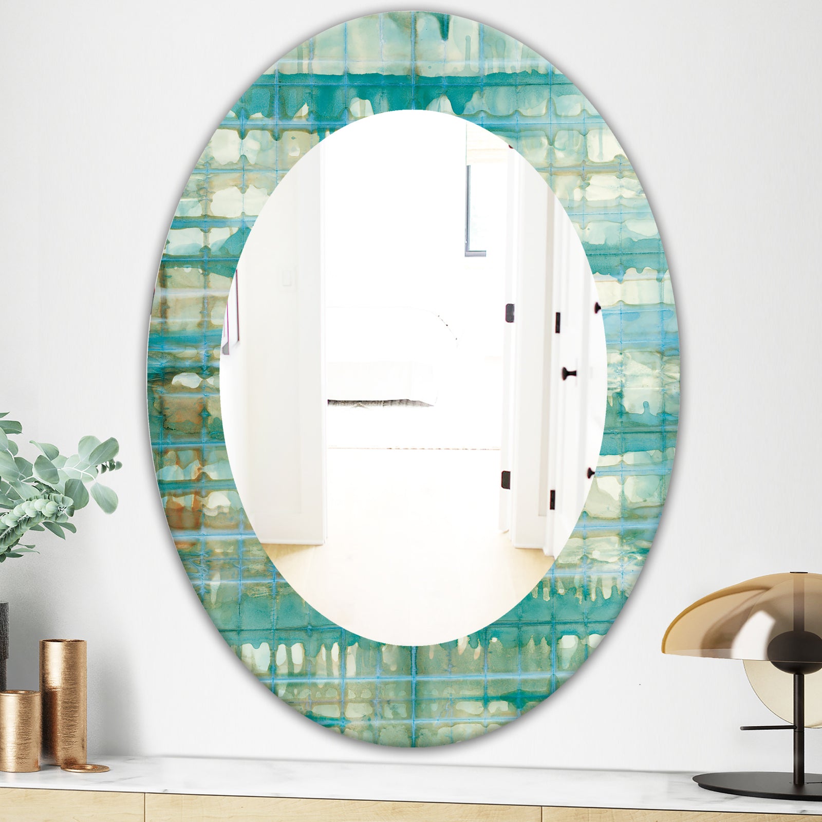 Turquoise Watercolor Geometrical VIII - Mid-Century Mirror - Oval or Round Wall Mirror