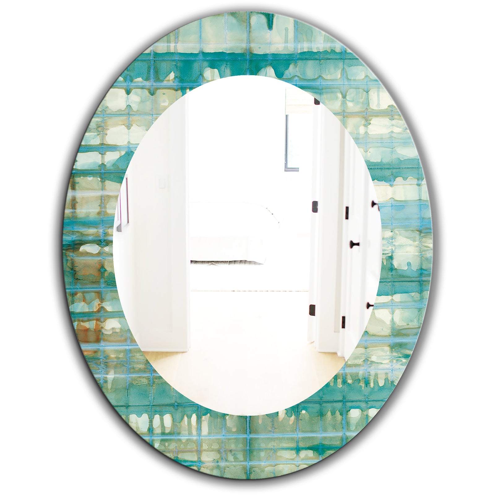 Turquoise Watercolor Geometrical VIII - Mid-Century Mirror - Oval or Round Wall Mirror