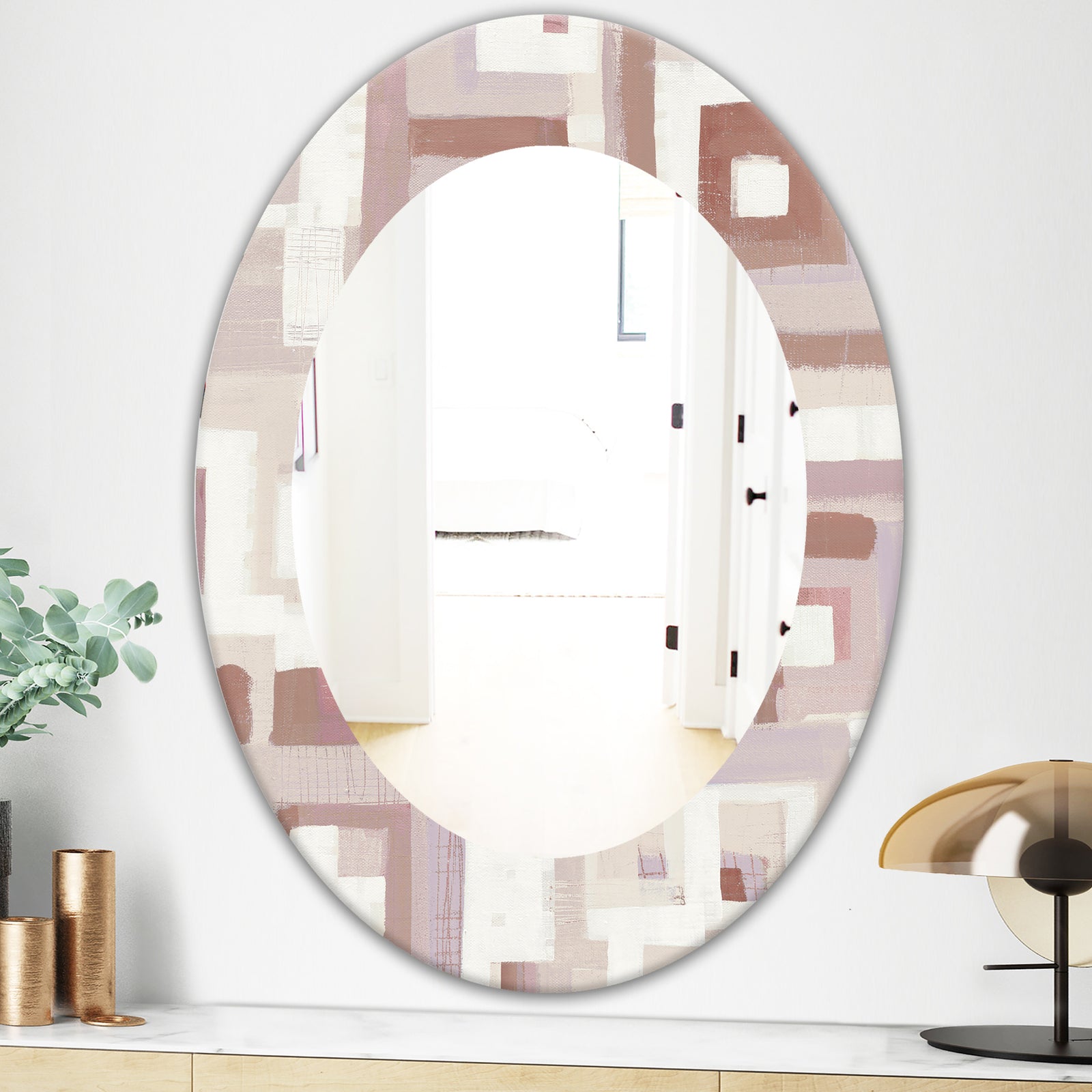 Pink Geometric Form Windows II - Modern Mirror - Frameless Oval or Round Wall Mirror