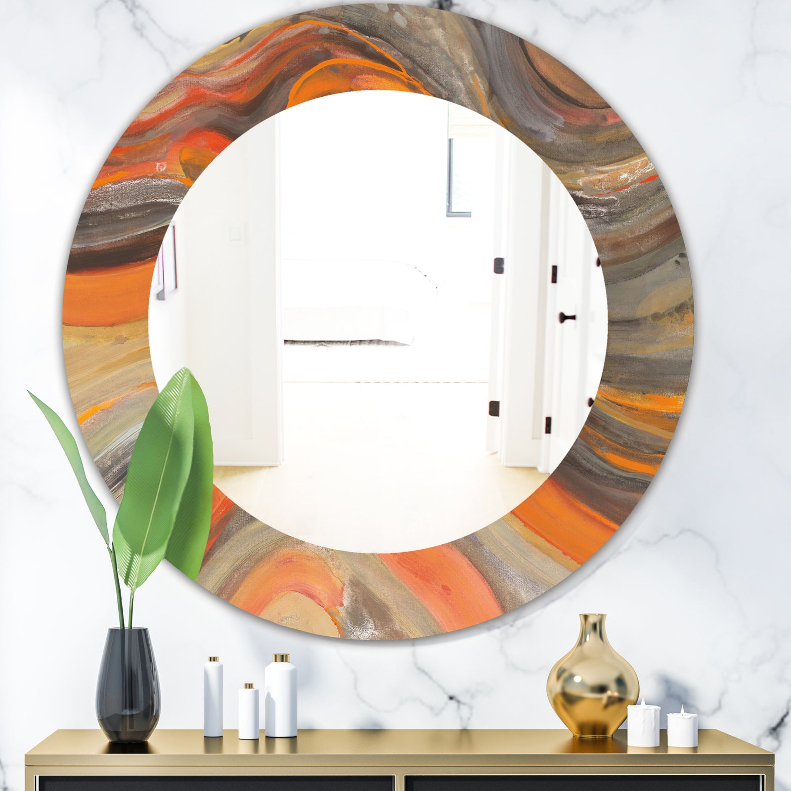 Abstract Gilded Orange Waves - Modern Mirror - Frameless Oval or Round Wall Mirror
