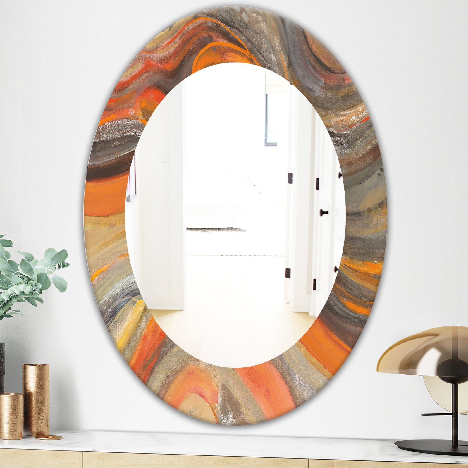 Abstract Gilded Orange Waves - Modern Mirror - Frameless Oval or Round Wall Mirror