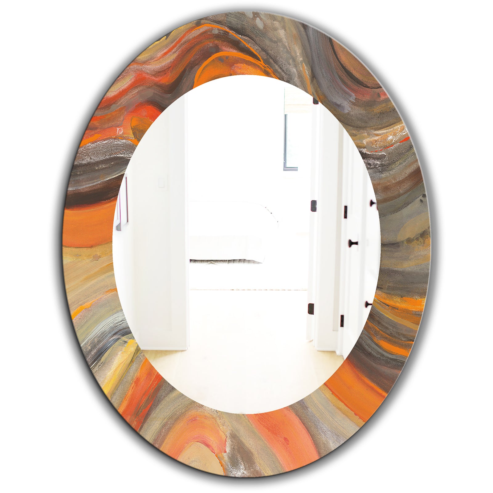 Abstract Gilded Orange Waves - Modern Mirror - Frameless Oval or Round Wall Mirror