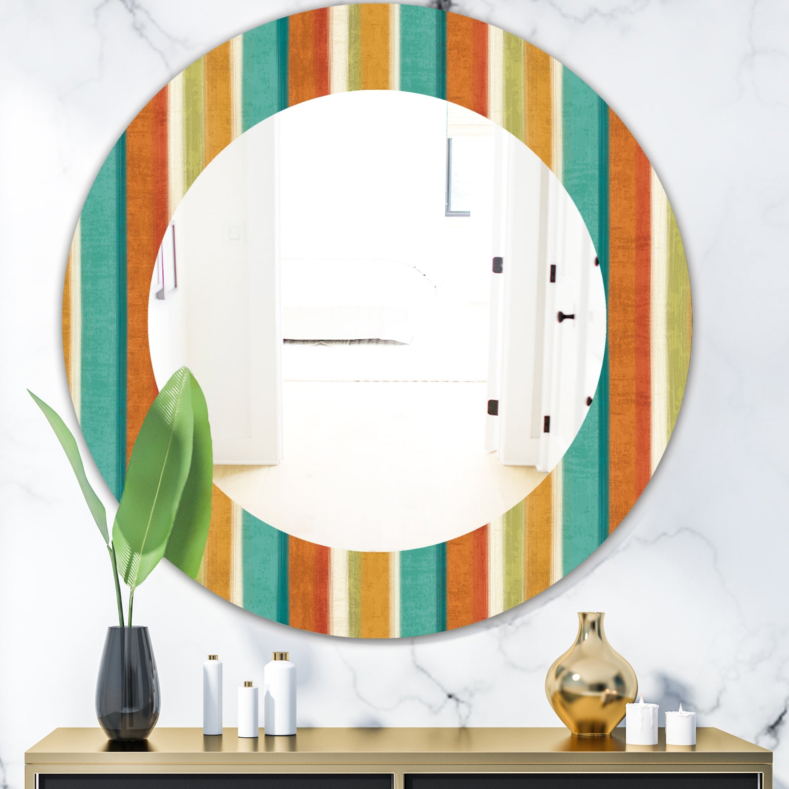 Blue, Green and Orange Vertical Abstract Stripes - Mid-Century Mirror - Oval or Round Wall Mirror