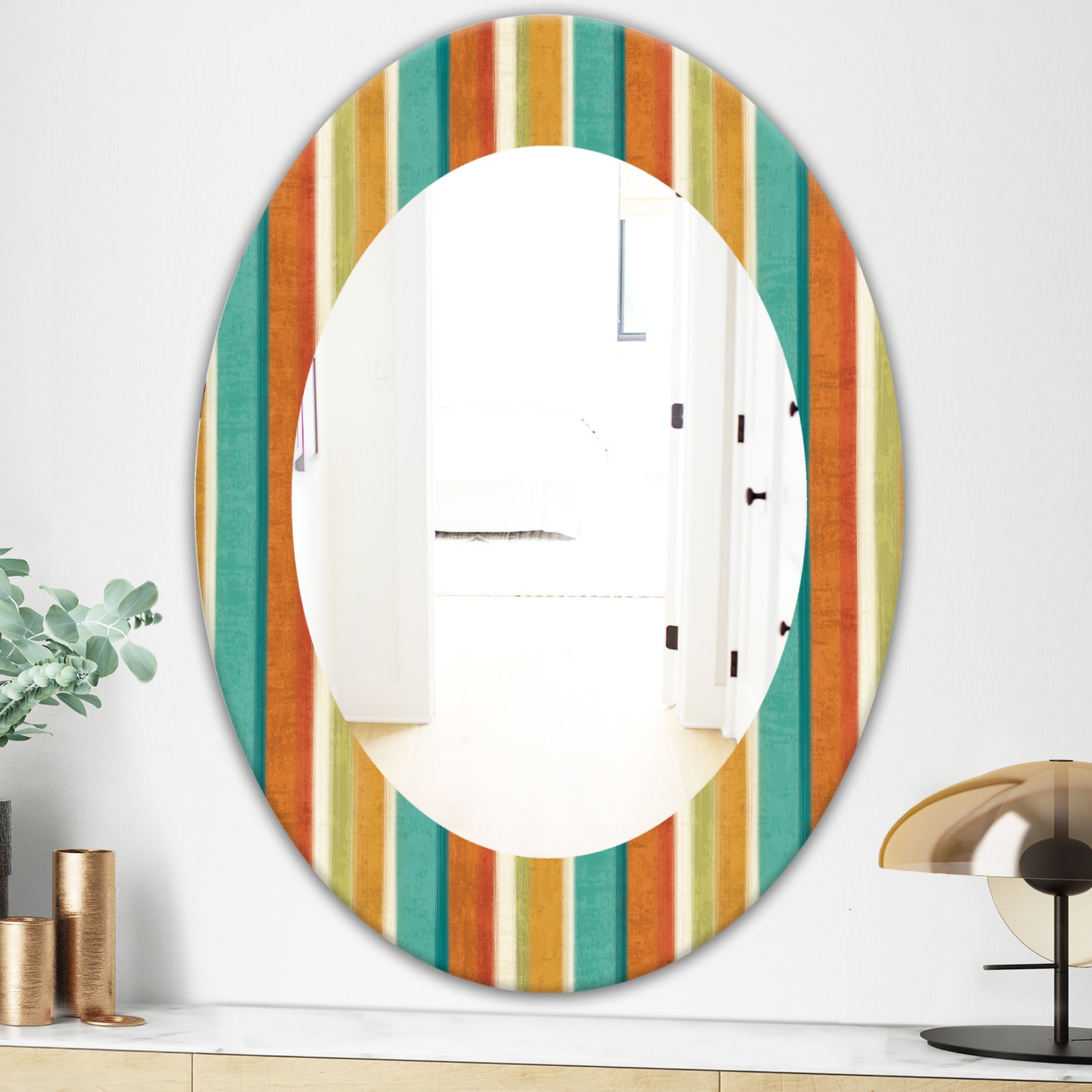 Blue, Green and Orange Vertical Abstract Stripes - Mid-Century Mirror - Oval or Round Wall Mirror