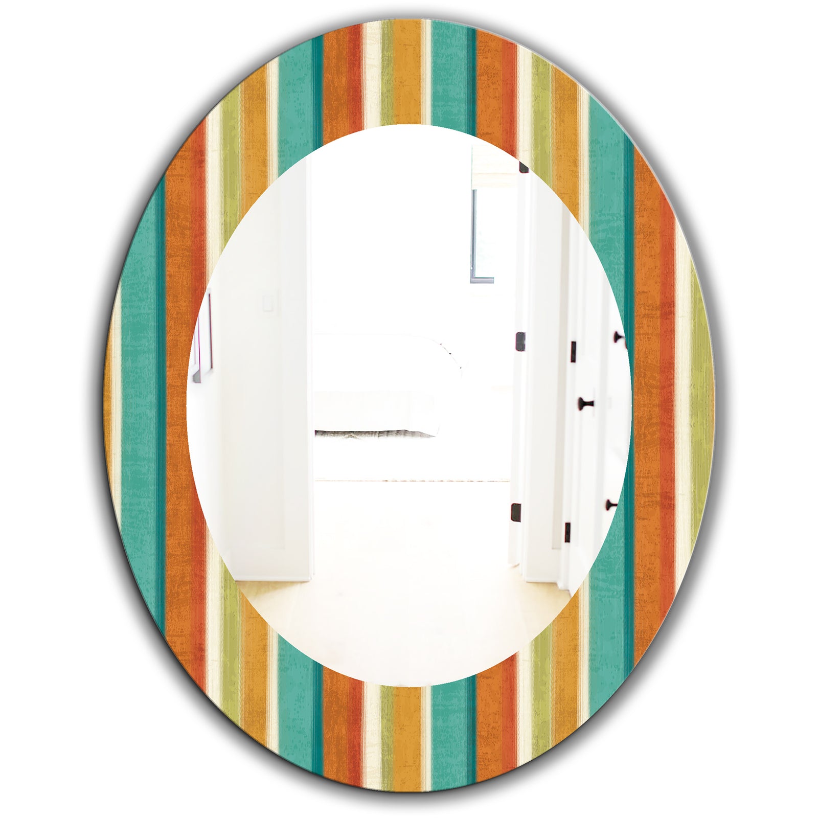 Blue, Green and Orange Vertical Abstract Stripes - Mid-Century Mirror - Oval or Round Wall Mirror