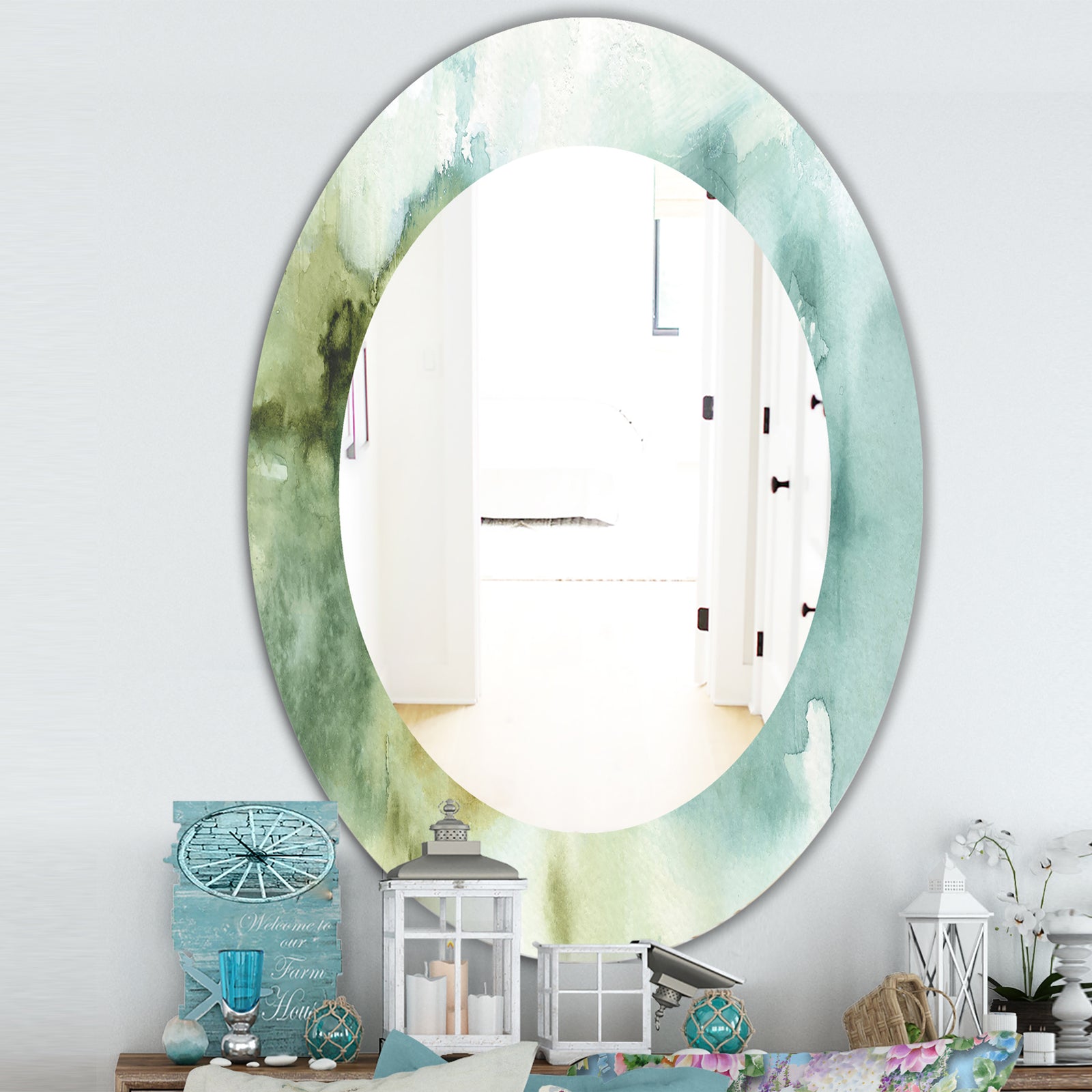 Abstract Watercolor Green House - Traditional Mirror - Oval or Round Wall Mirror
