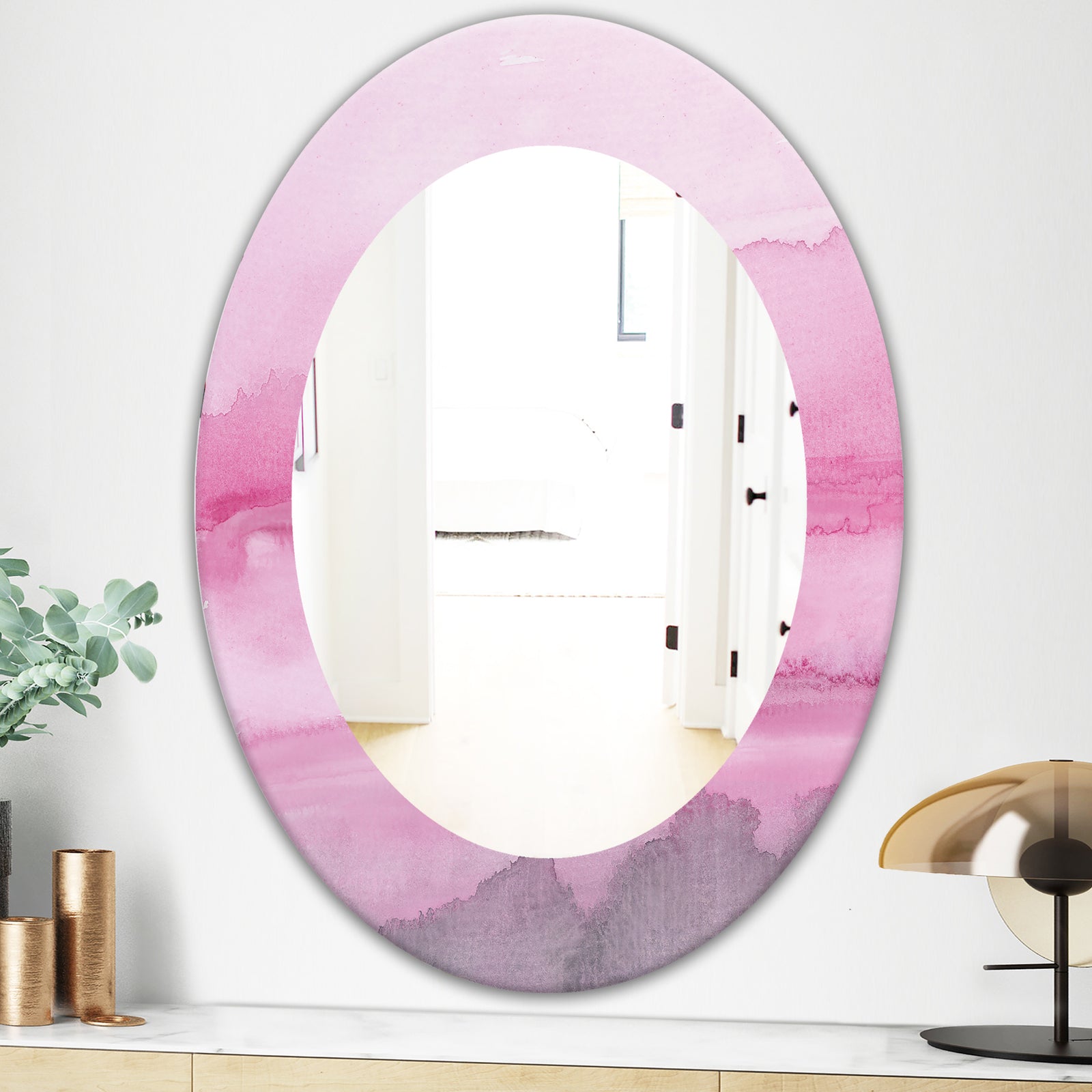 Pink Abstract Watercolor - Shabby Chic Mirror - Frameless Oval or Round Wall Mirror