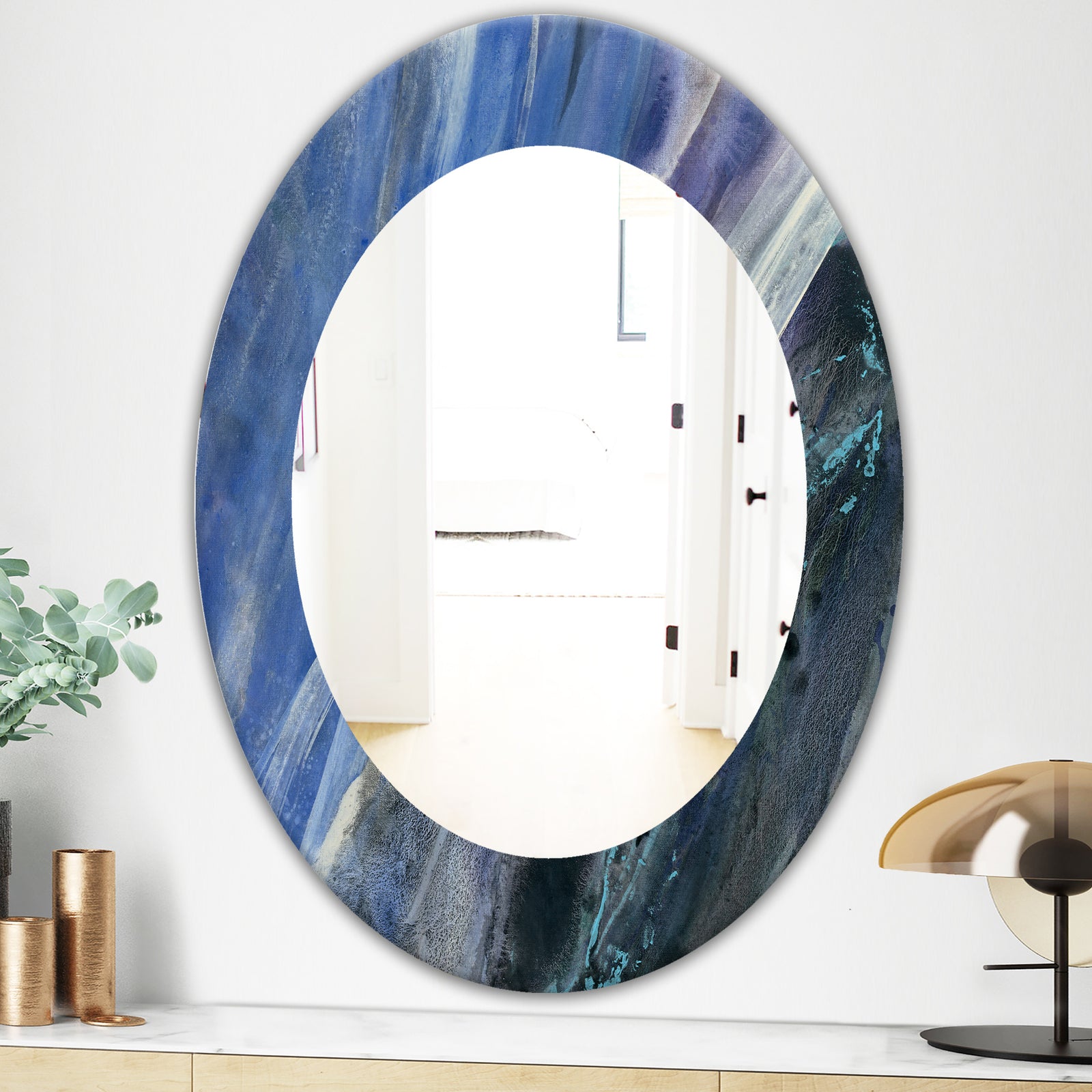 Black and Blue Abstract Water Painting - Modern Mirror - Oval or Round Wall Mirror