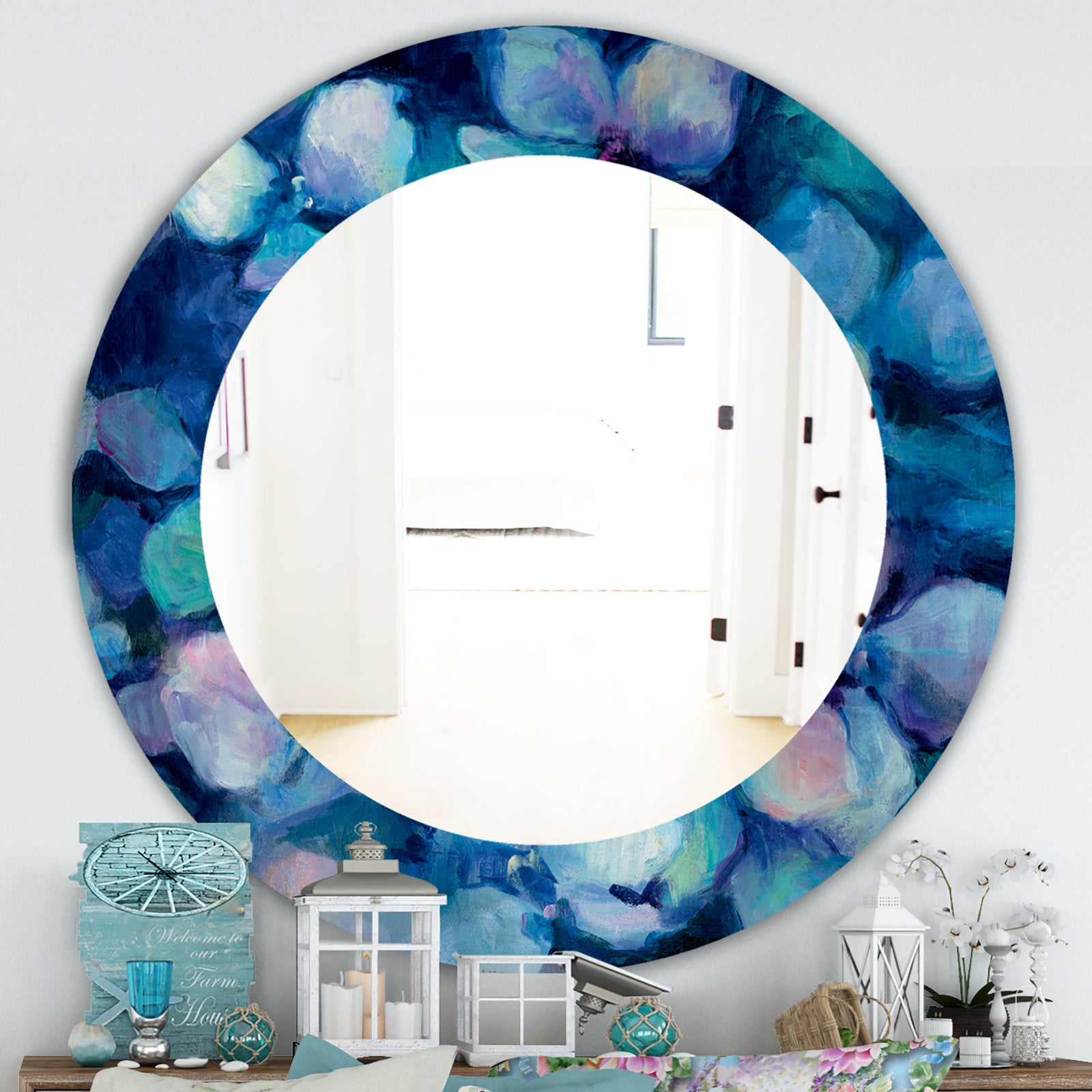 Abstract Blue Flower Petals - Farmhouse Mirror - Frameless Oval or Round Wall Mirror