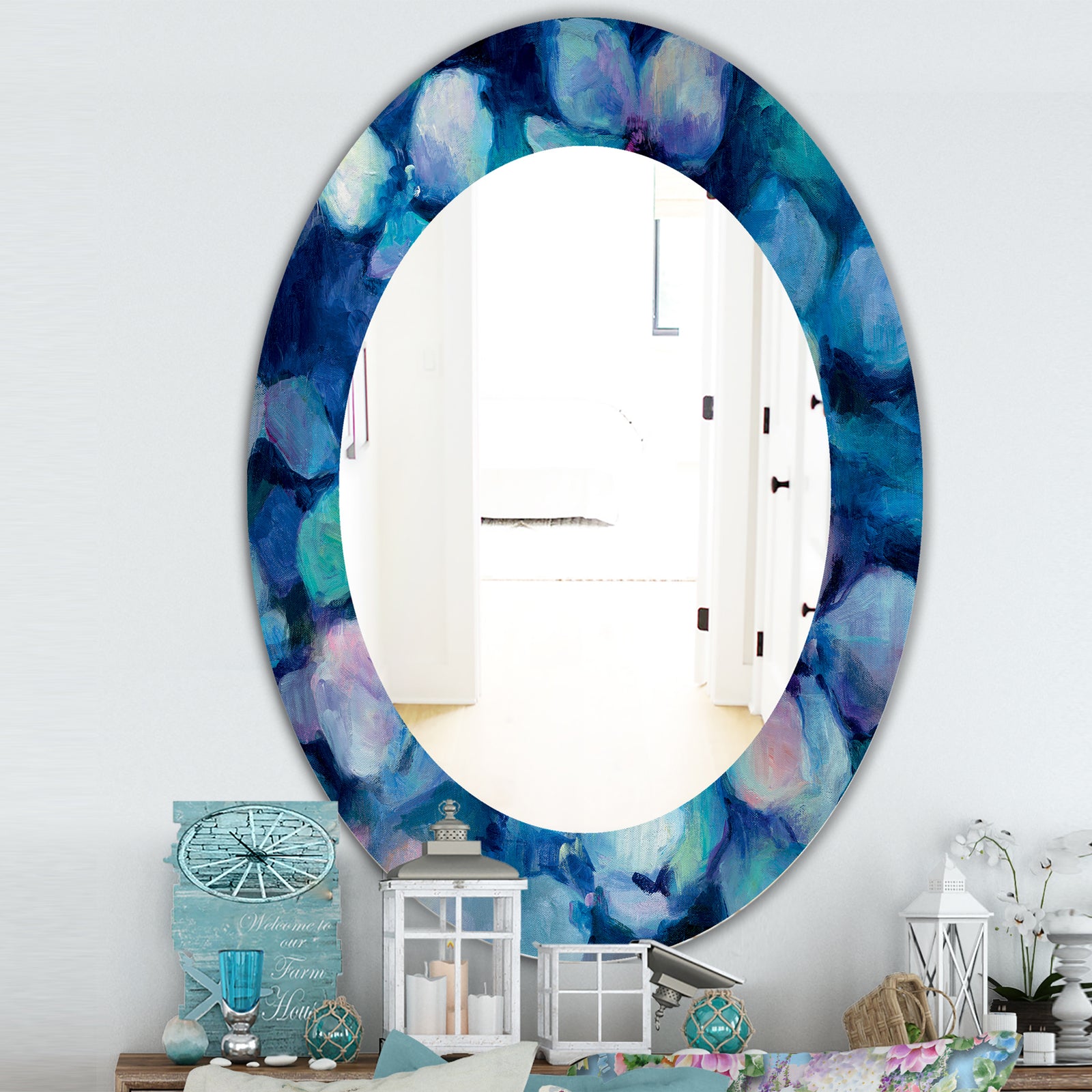 Abstract Blue Flower Petals - Farmhouse Mirror - Frameless Oval or Round Wall Mirror