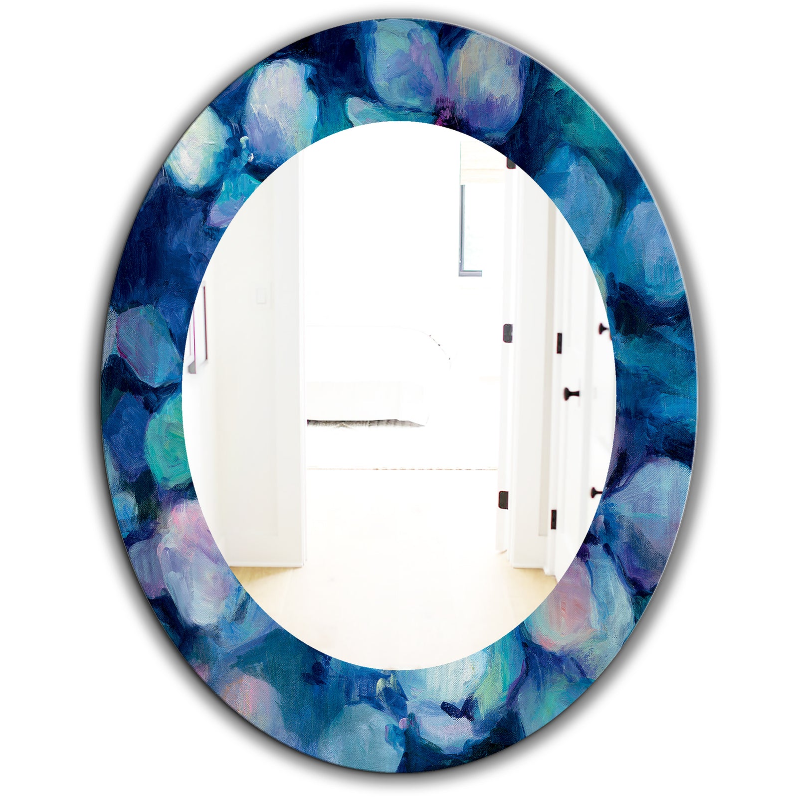 Abstract Blue Flower Petals - Farmhouse Mirror - Frameless Oval or Round Wall Mirror
