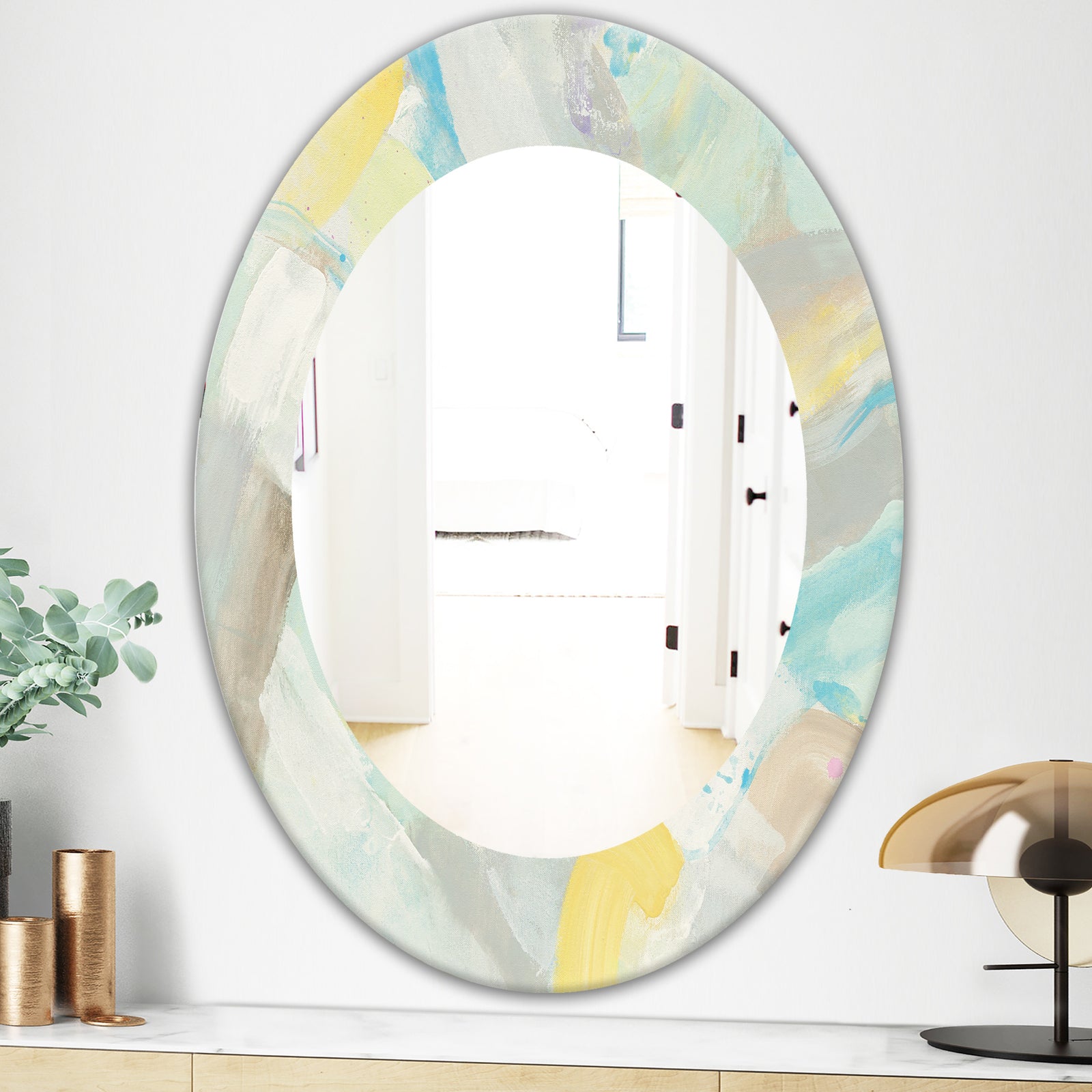 Abstract Compositions Of Pastel Blue and Green - Modern Mirror - Frameless Oval or Round Wall Mirror