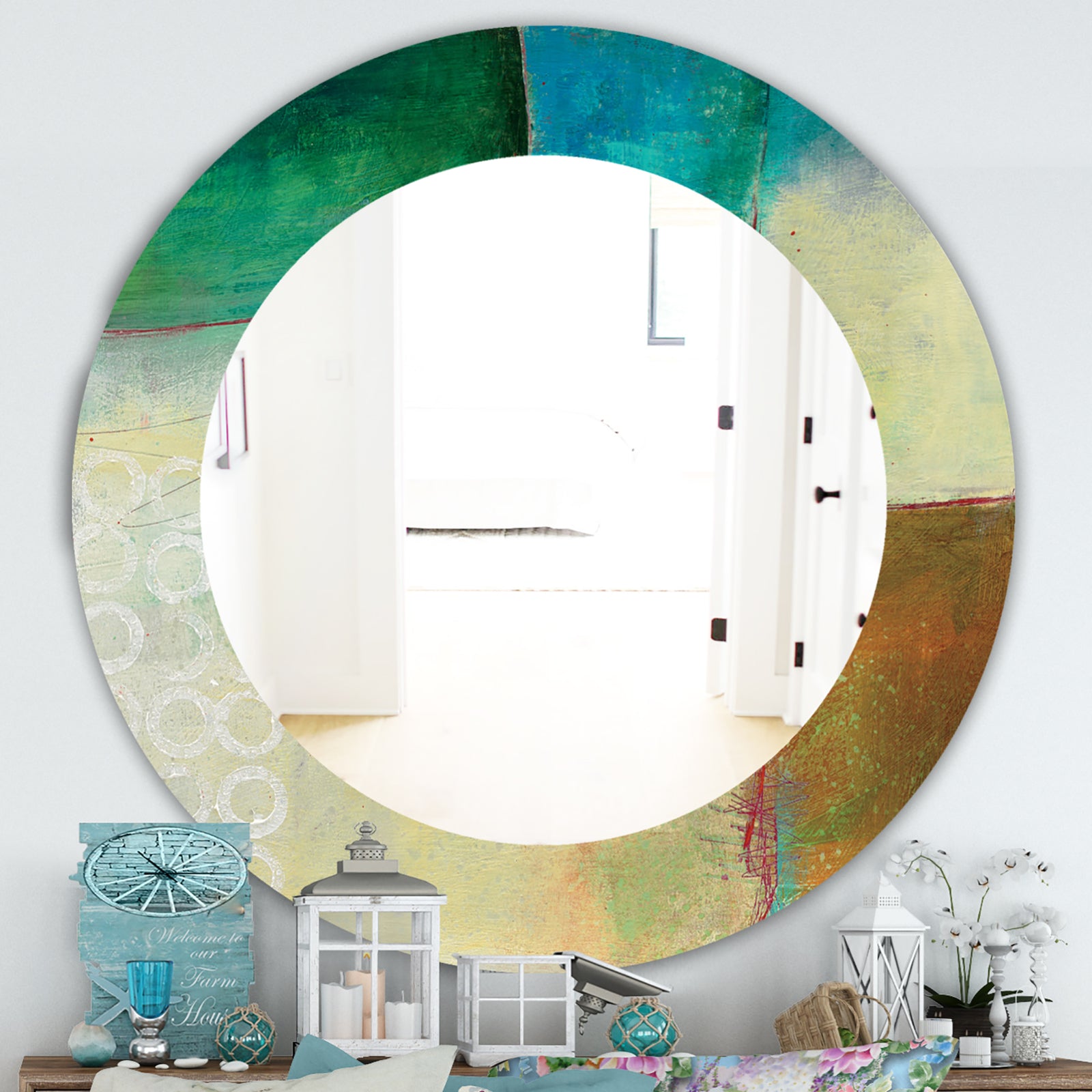Abstract Impression Of Watercolour Blue and Yellow - Farmhouse Mirror - Oval or Round Wall Mirror