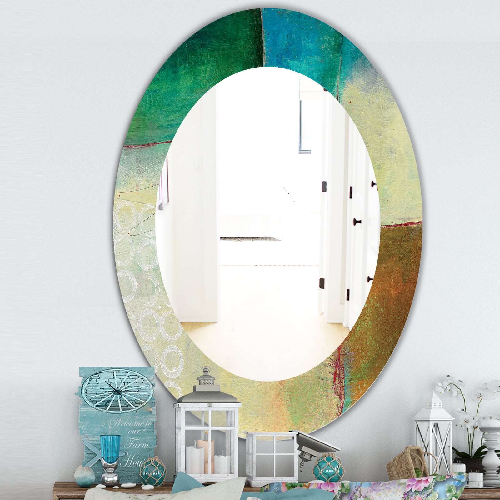 Abstract Impression Of Watercolour Blue and Yellow - Farmhouse Mirror - Oval or Round Wall Mirror
