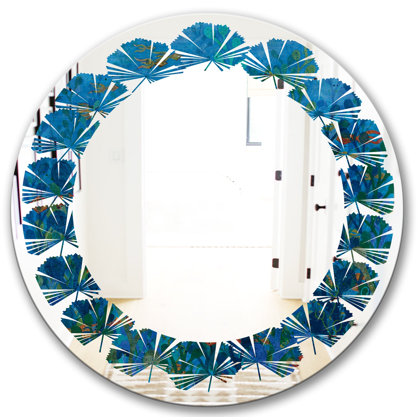 Blue Underwater Lake leaves I - Cottage Round or Oval Wall Mirror - Leaves