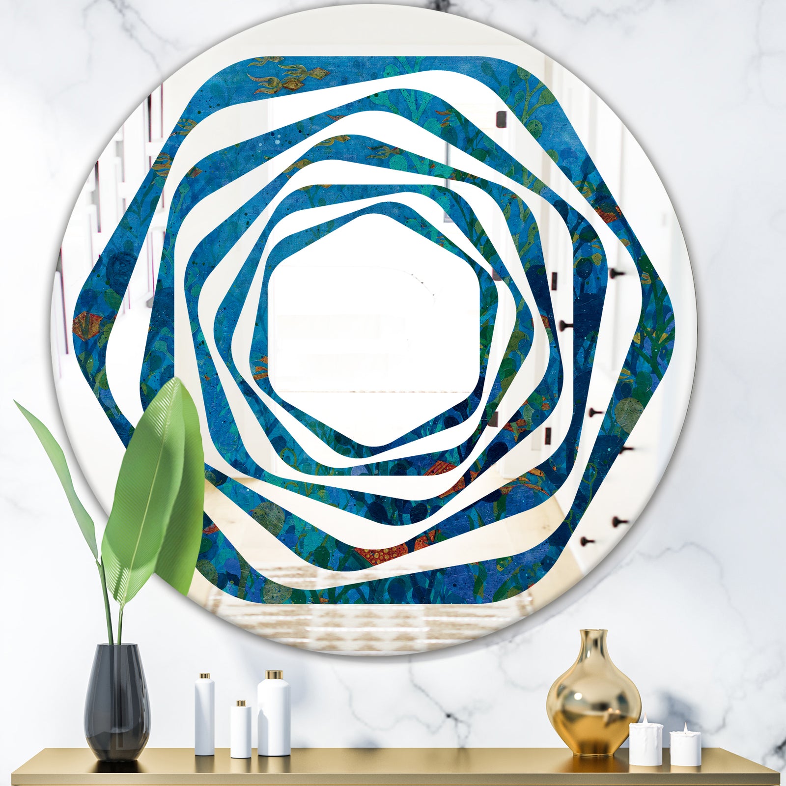 Blue Underwater Lake leaves I - Cottage Round or Oval Wall Mirror - Whirl
