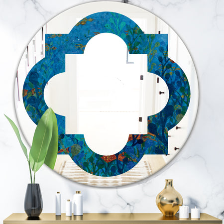 Blue Underwater Lake leaves I - Cottage Round or Oval Wall Mirror - Quatrefoil