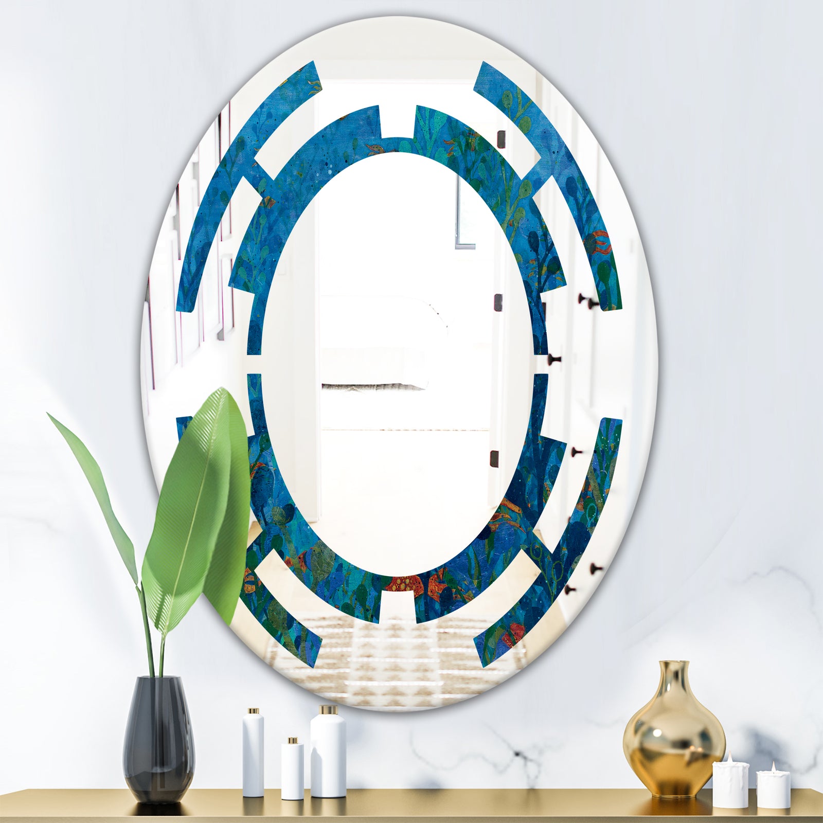 Blue Underwater Lake leaves I - Cottage Round or Oval Wall Mirror - Space