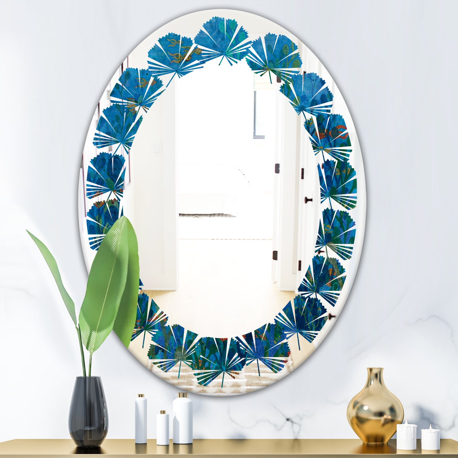 Blue Underwater Lake leaves I - Cottage Round or Oval Wall Mirror - Leaves