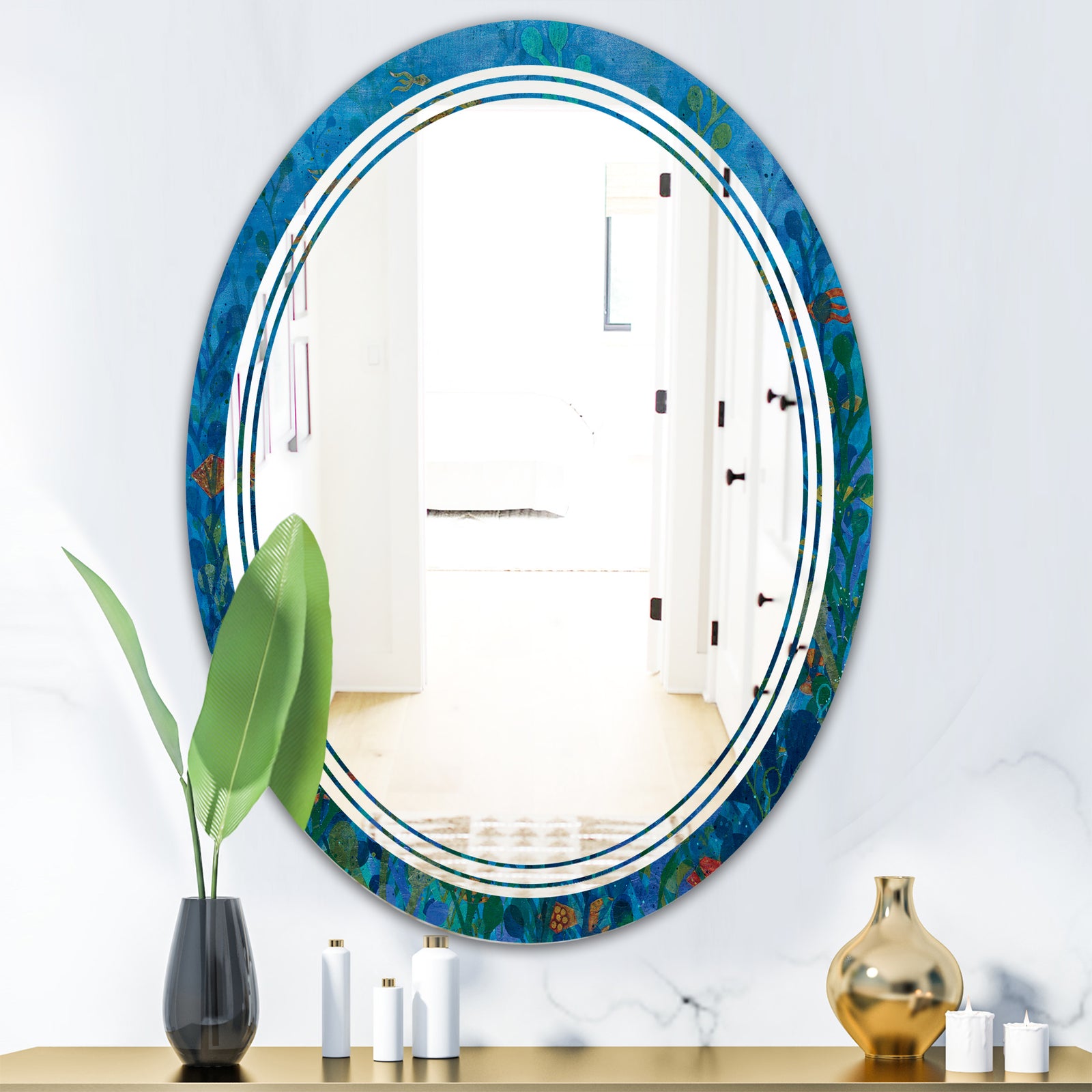 Blue Underwater Lake leaves I - Cottage Round or Oval Wall Mirror - Triple C