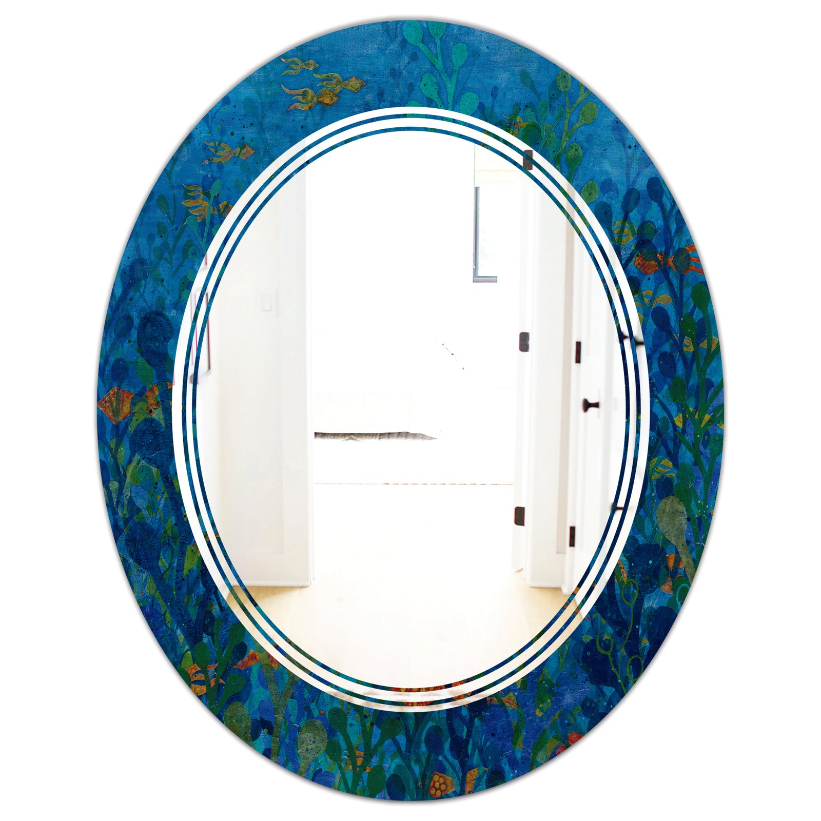 Blue Underwater Lake leaves I - Cottage Round or Oval Wall Mirror - Triple C