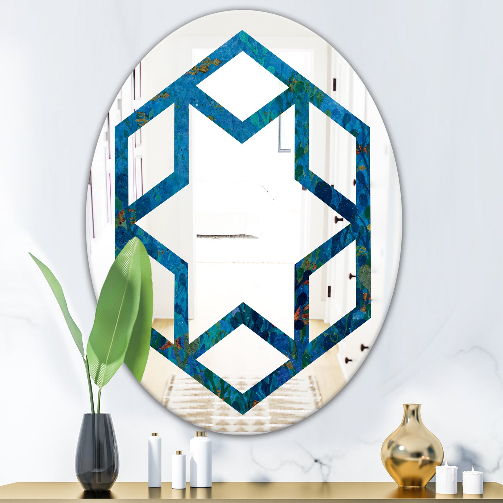 Blue Underwater Lake leaves I - Cottage Round or Oval Wall Mirror - Hexagon Star