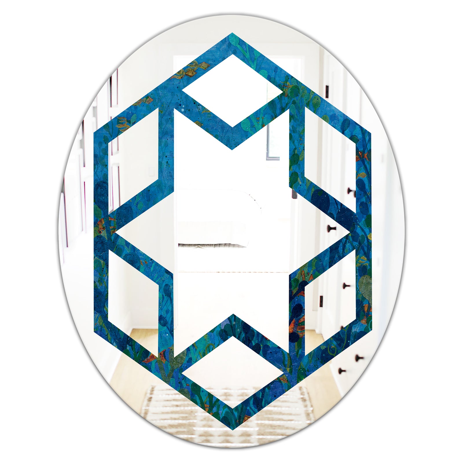 Blue Underwater Lake leaves I - Cottage Round or Oval Wall Mirror - Hexagon Star