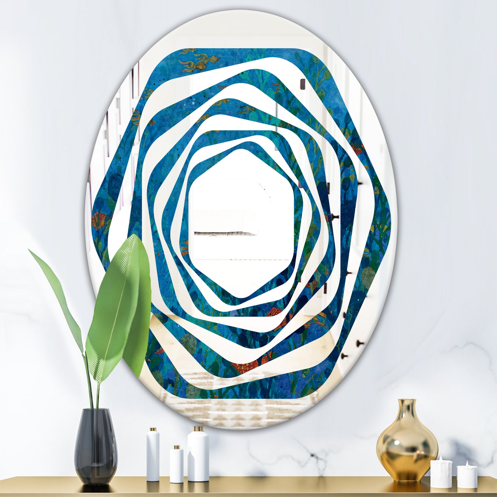 Blue Underwater Lake leaves I - Cottage Round or Oval Wall Mirror - Whirl