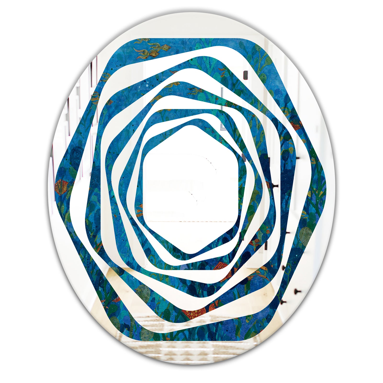Blue Underwater Lake leaves I - Cottage Round or Oval Wall Mirror - Whirl
