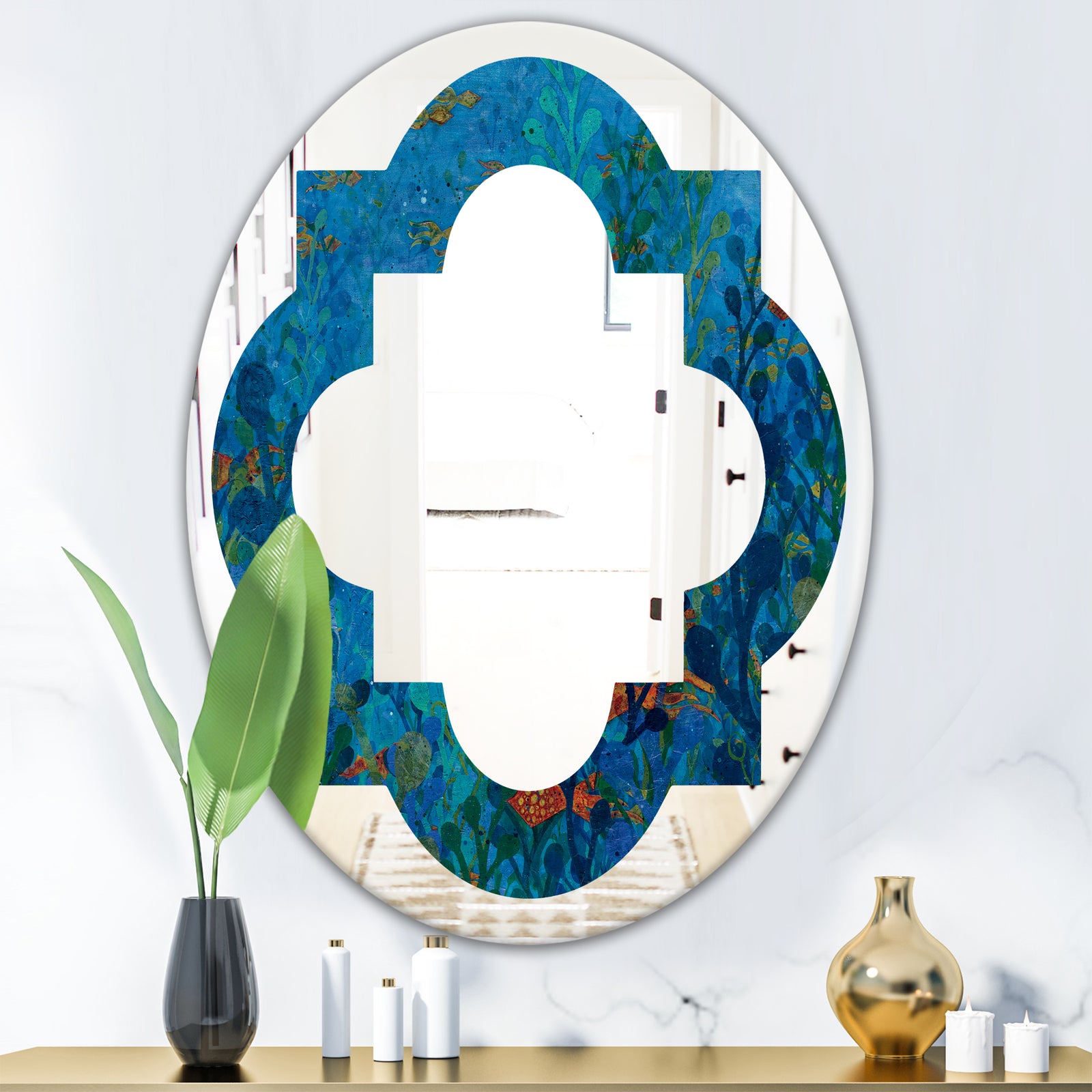 Blue Underwater Lake leaves I - Cottage Round or Oval Wall Mirror - Quatrefoil