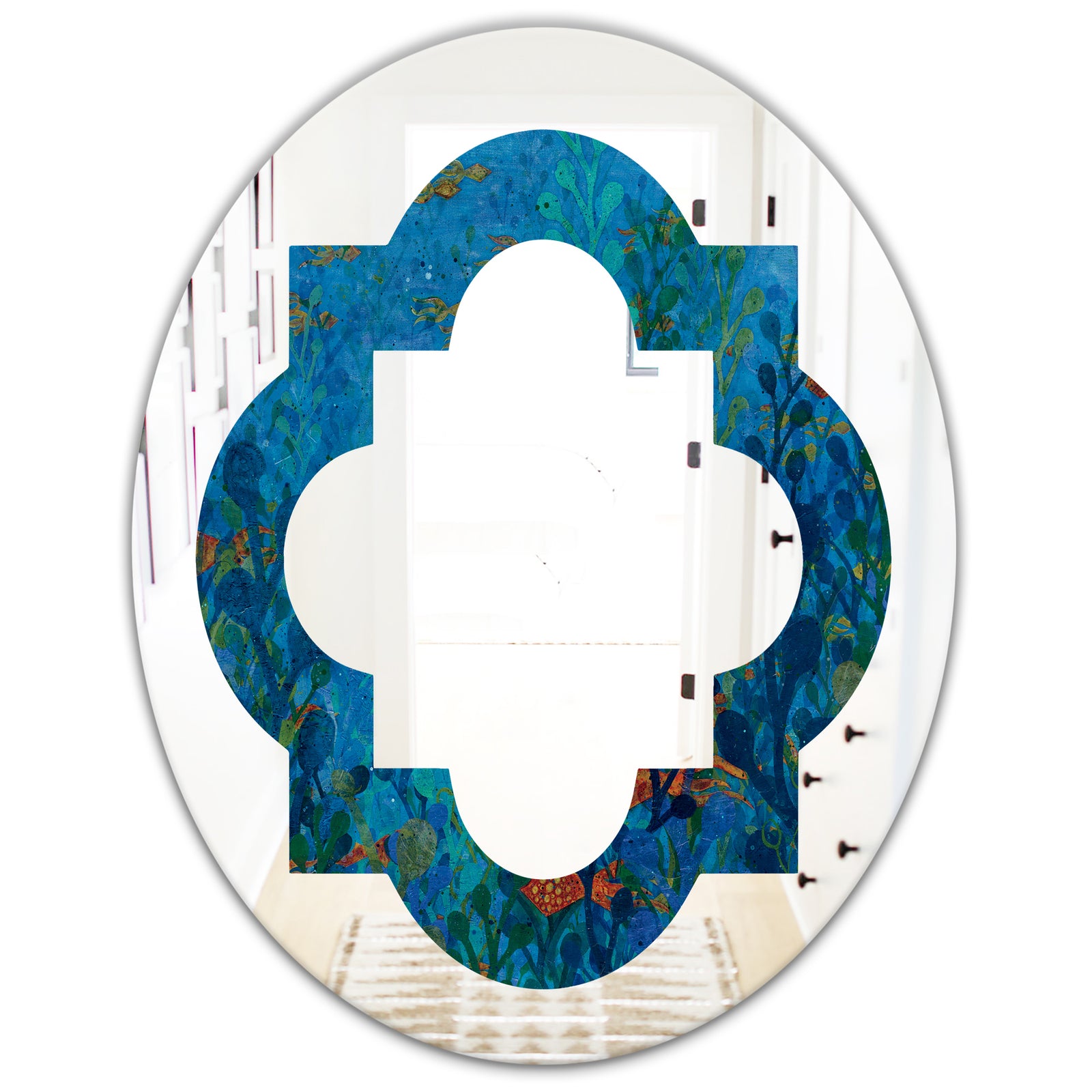 Blue Underwater Lake leaves I - Cottage Round or Oval Wall Mirror - Quatrefoil