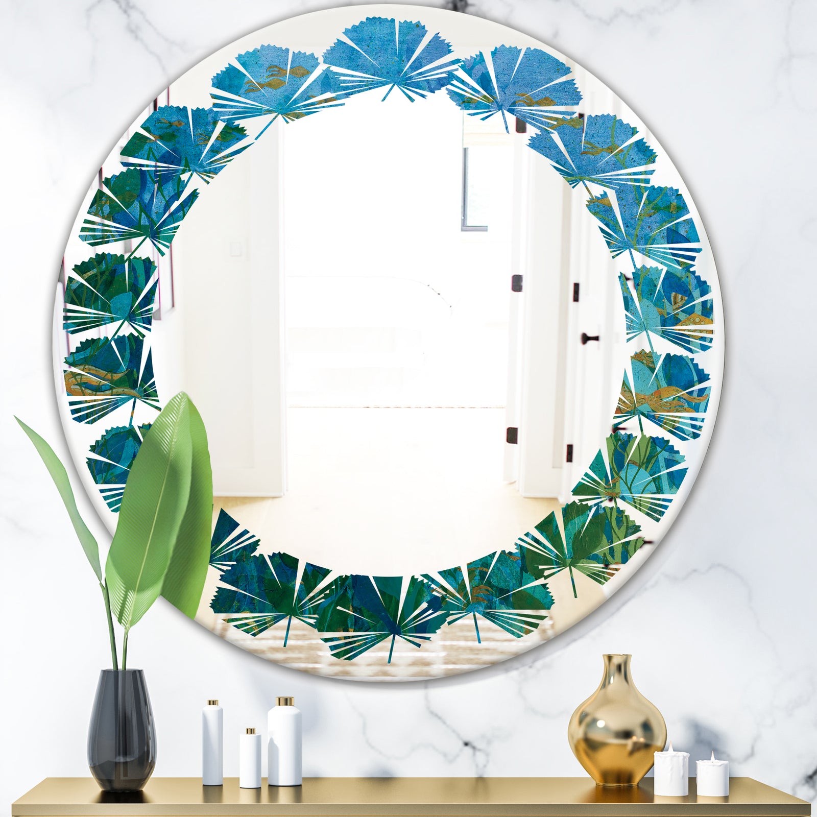 Blue Underwater Lake leaves II - Modern Round or Oval Wall Mirror - Leaves