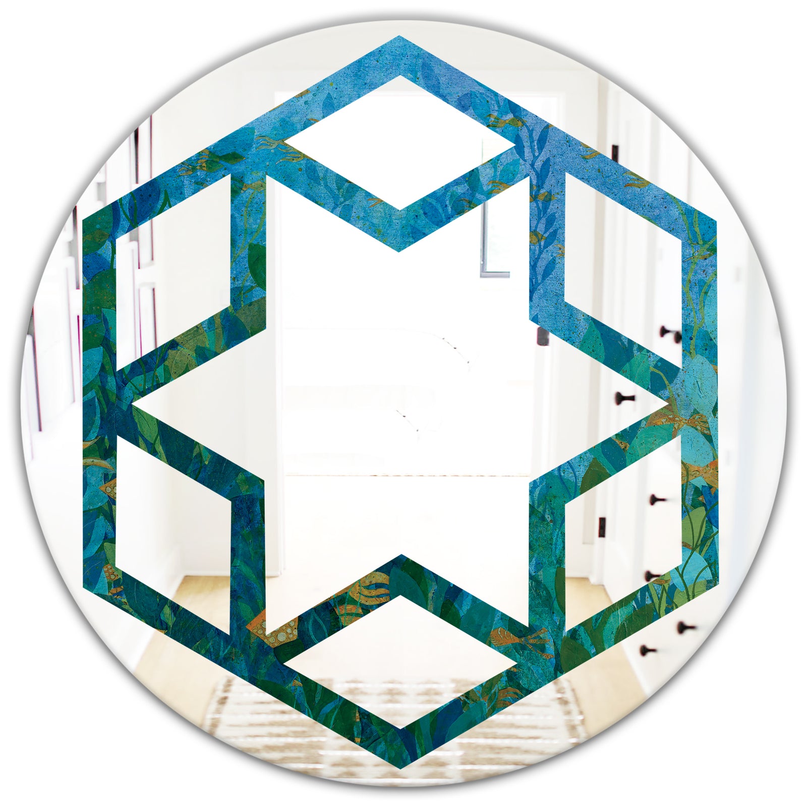 Blue Underwater Lake leaves II - Modern Round or Oval Wall Mirror - Hexagon Star