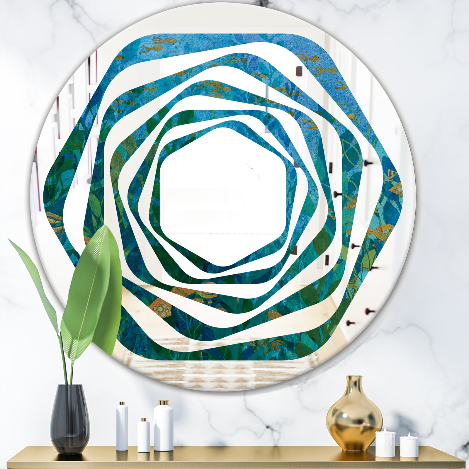 Blue Underwater Lake leaves II - Modern Round or Oval Wall Mirror - Whirl