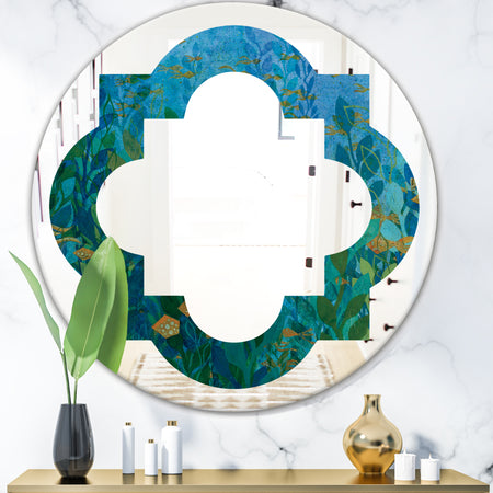 Blue Underwater Lake leaves II - Modern Round or Oval Wall Mirror - Quatrefoil