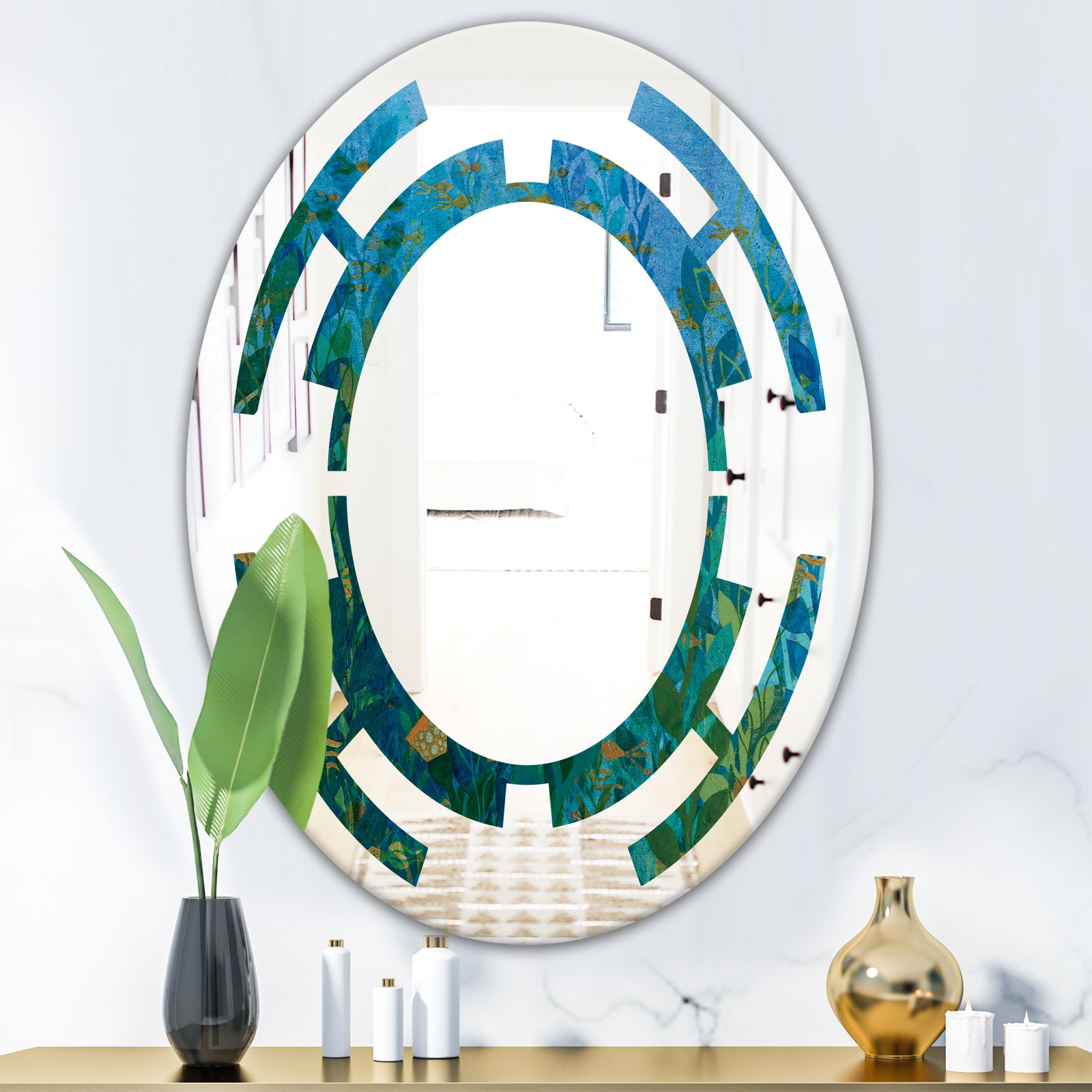 Blue Underwater Lake leaves II - Modern Round or Oval Wall Mirror - Space