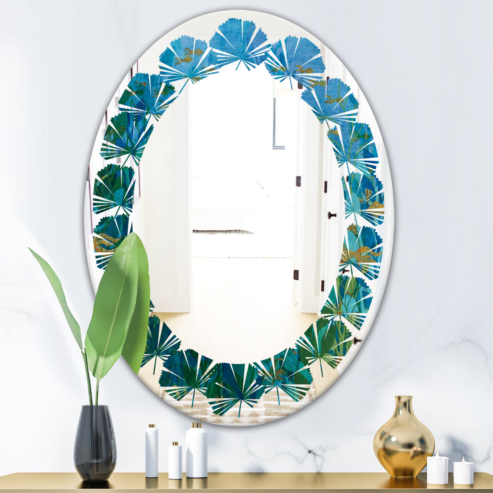 Blue Underwater Lake leaves II - Modern Round or Oval Wall Mirror - Leaves