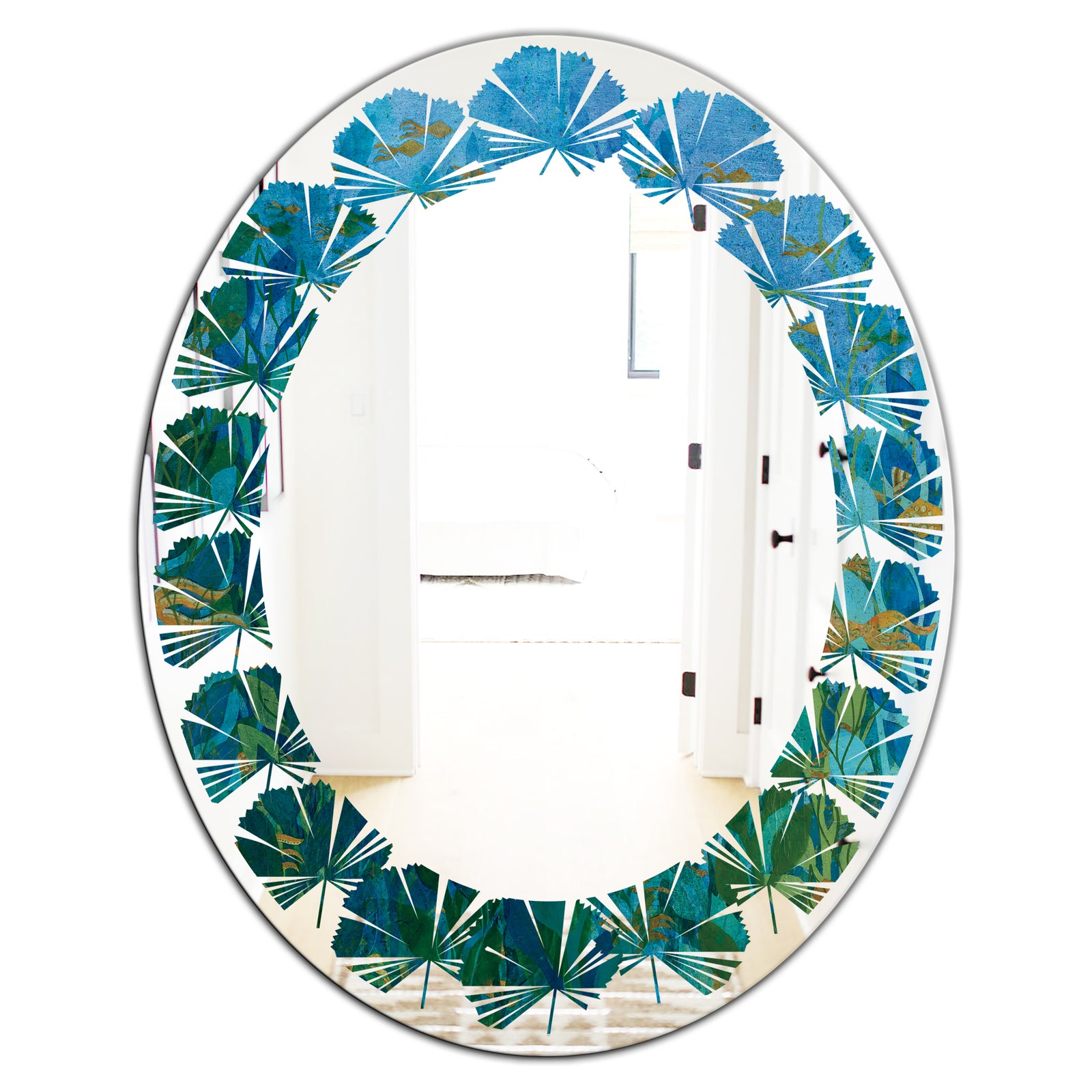 Blue Underwater Lake leaves II - Modern Round or Oval Wall Mirror - Leaves
