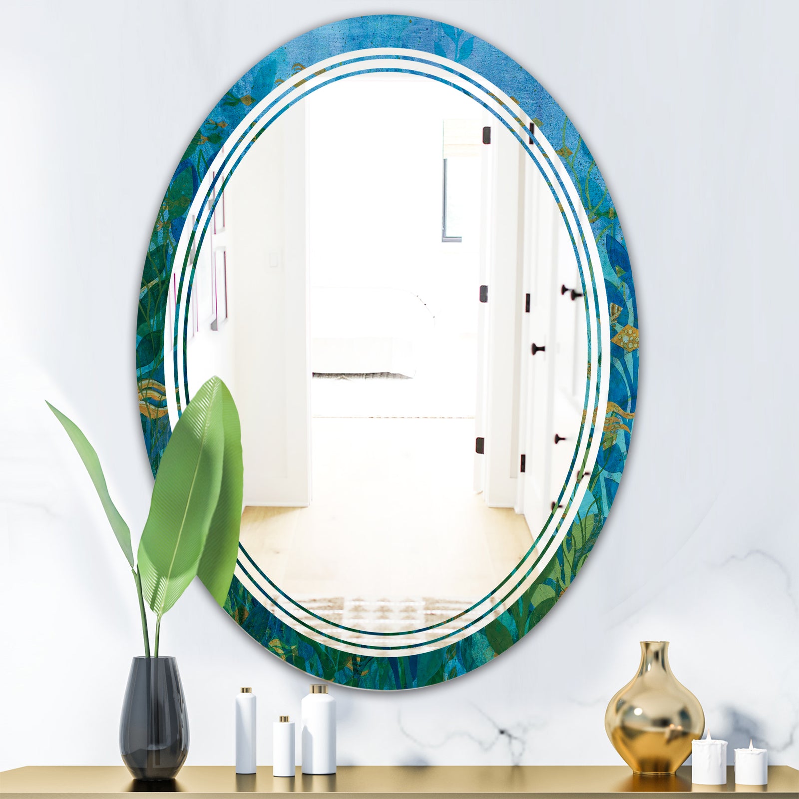 Blue Underwater Lake leaves II - Modern Round or Oval Wall Mirror - Triple C