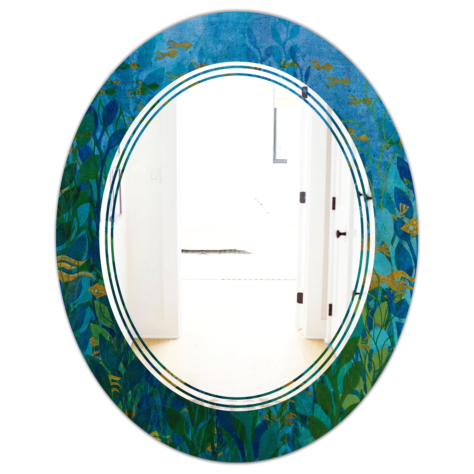 Blue Underwater Lake leaves II - Modern Round or Oval Wall Mirror - Triple C