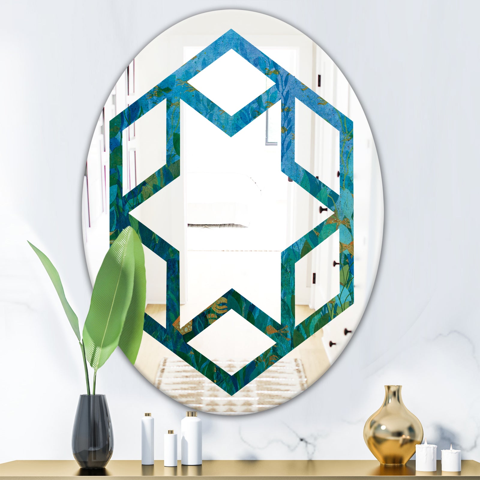 Blue Underwater Lake leaves II - Modern Round or Oval Wall Mirror - Hexagon Star